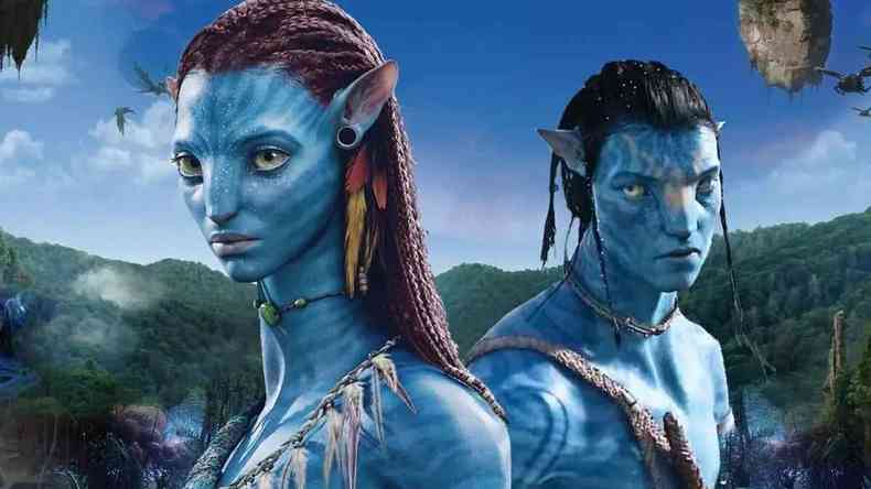 Imagem do filme 'Avatar' - O caminho das guas', com dois personagens, um feminino e outro masculino, em azul