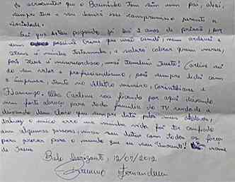 Trecho da carta enviada pelo atleta ao TV Verdade(foto: Reproduo / TV Alterosa)