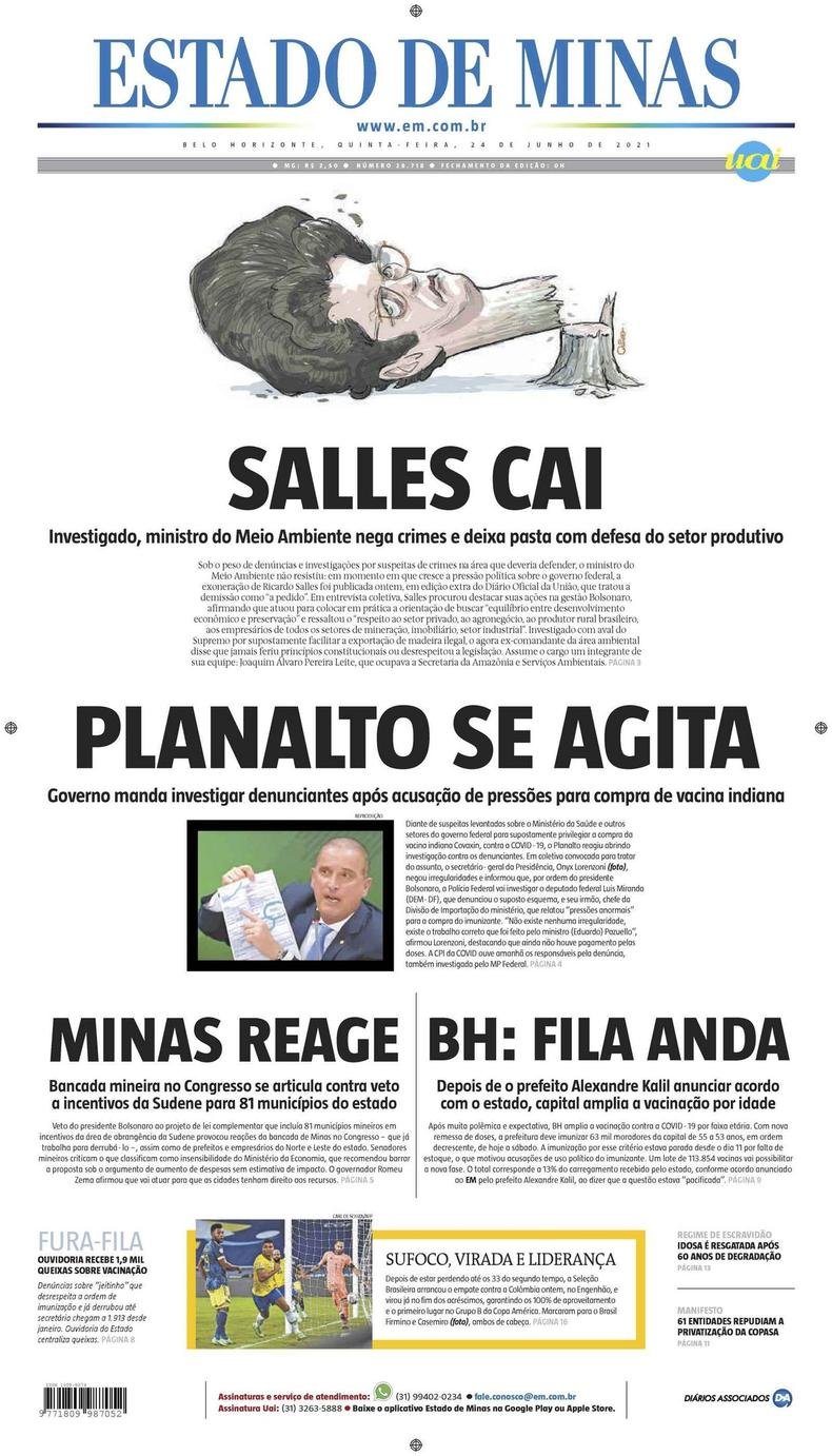 Confira a Capa do Jornal Estado de Minas do dia 24/06/2021(foto: Estado de Minas)