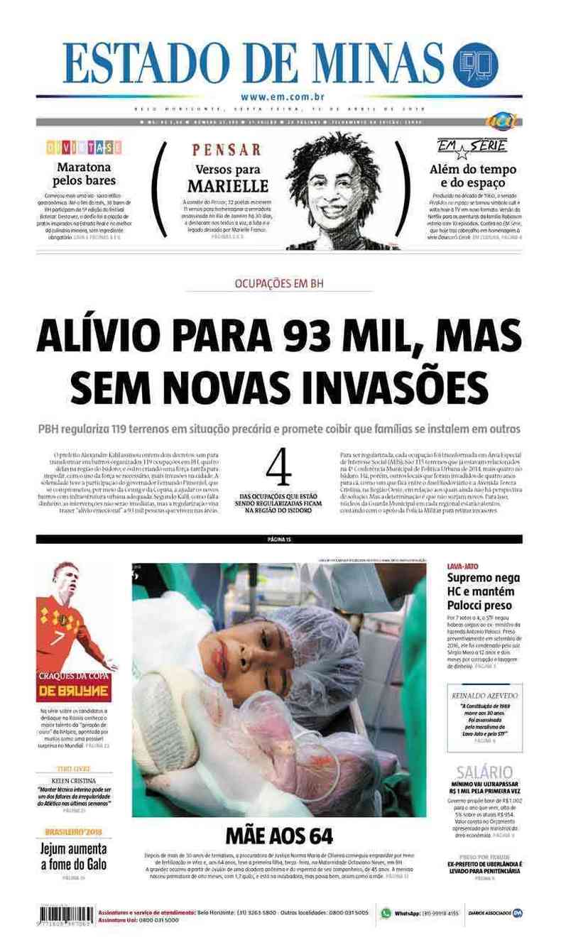 Confira a Capa do Jornal Estado de Minas do dia 13/04/2018
