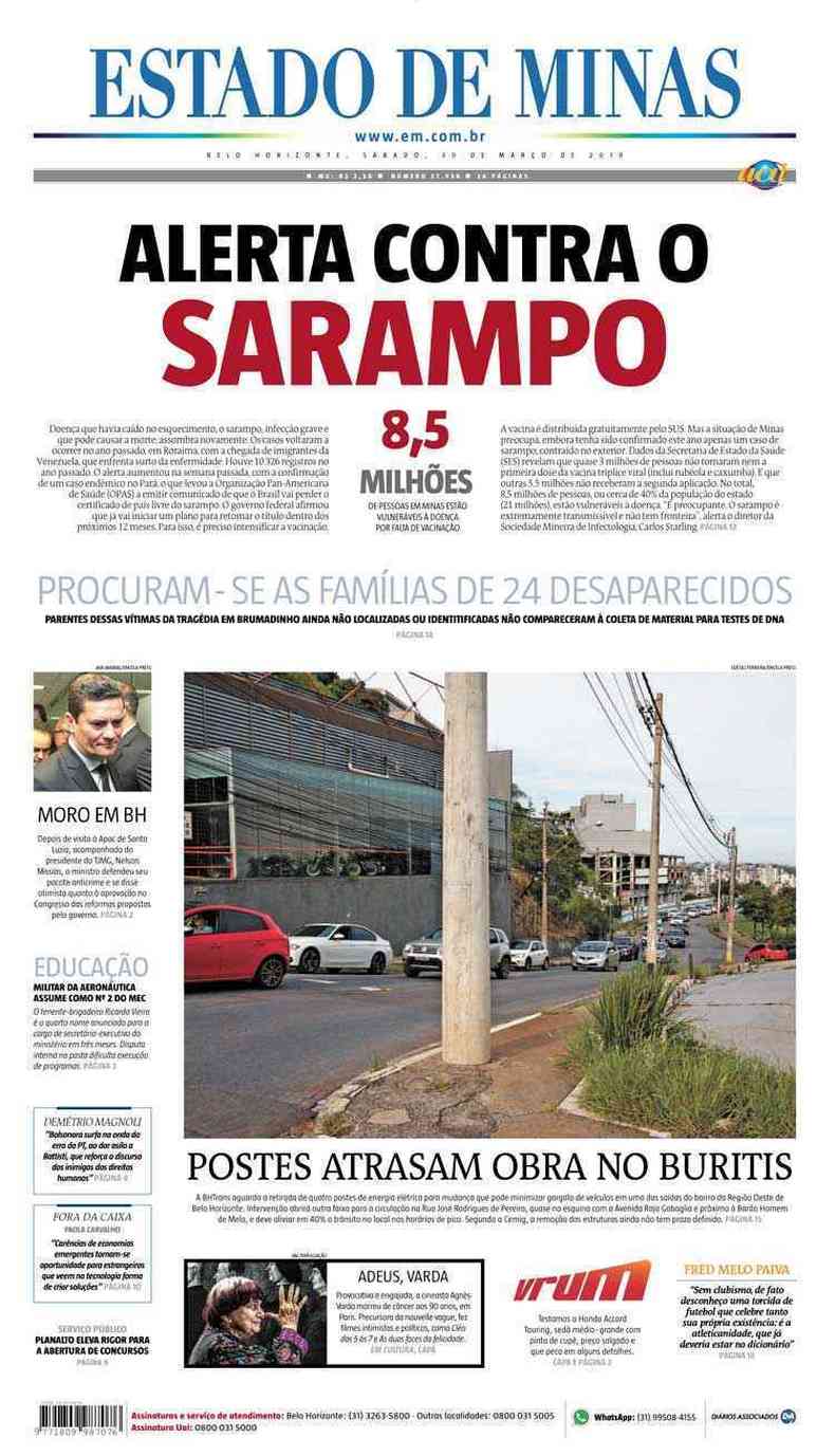 Confira a Capa do Jornal Estado de Minas do dia 30/03/2019(foto: Estado de Minas)