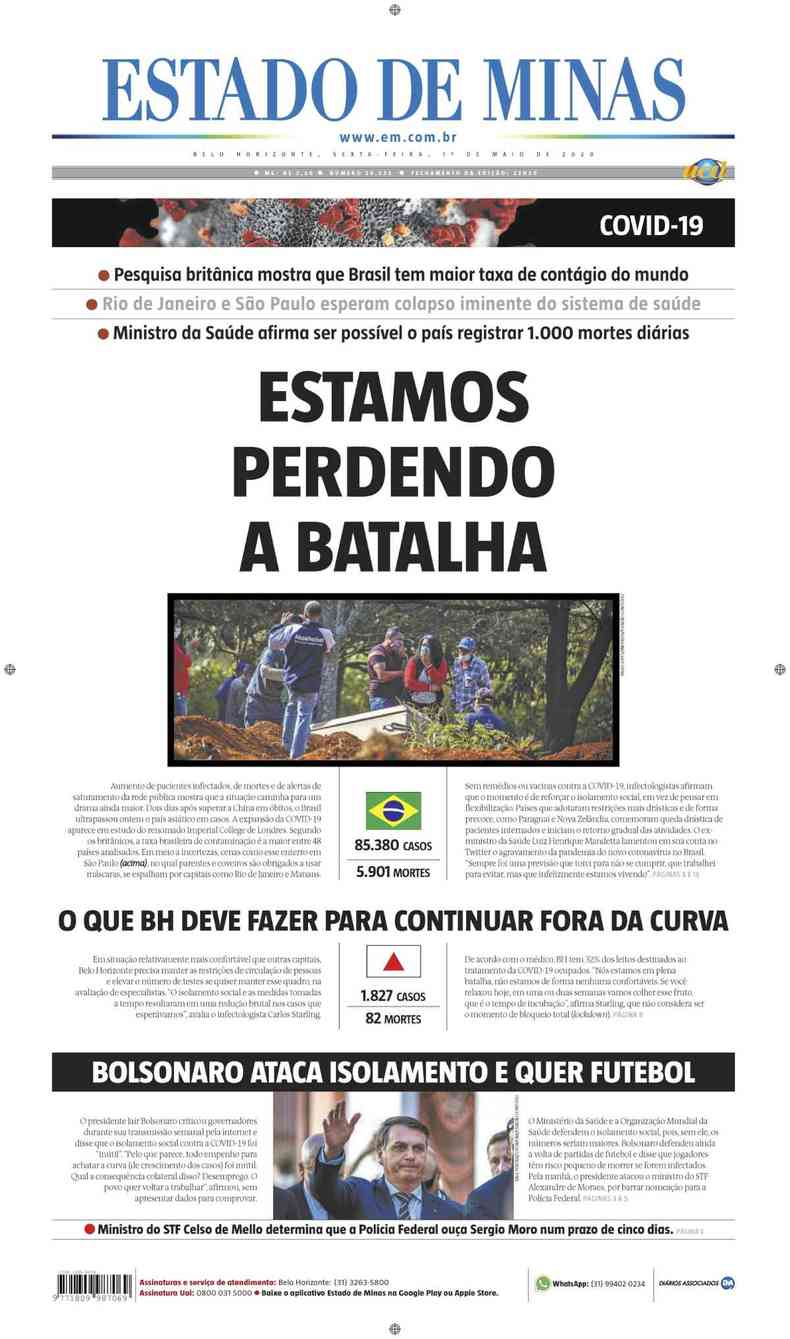Confira a Capa do Jornal Estado de Minas do dia 01/05/2020(foto: Estado de Minas)