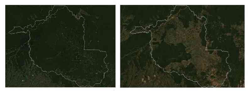 Imagens de satlite mostram avano do desmatamento em Rondnia entre 1985 ( esq.) e 2020; Estado j perdeu um tero da cobertura original(foto: Google)