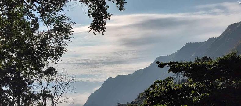 Cu claro com nuvens, rvore na borda da foto e morro ao fundo