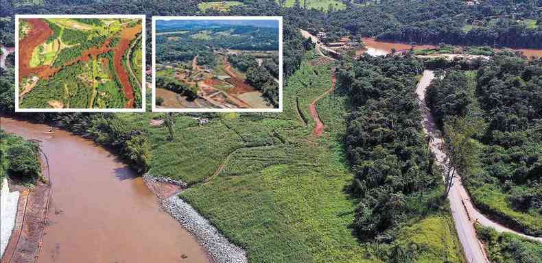 Reflorestamento avana em Brumadinho. Marco Zero em 2019 (foto pequena  direita), 2020 (acima no centro) e 2021(foto: Divulgao)