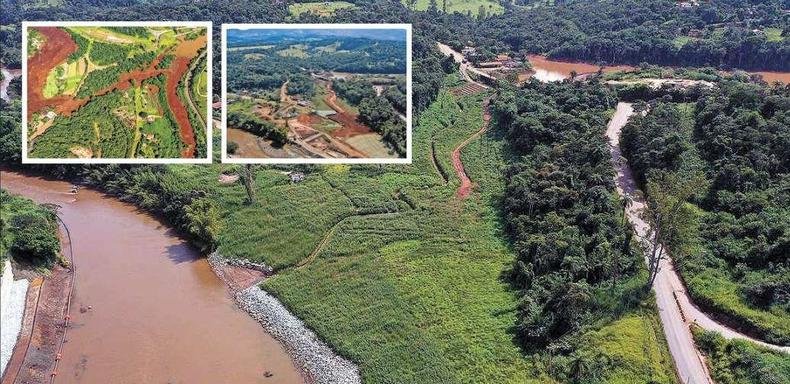 Reflorestamento avan�a em Brumadinho. Marco Zero em 2019 (foto pequena � direita), 2020 (acima no centro) e 2021(foto: Divulga��o)