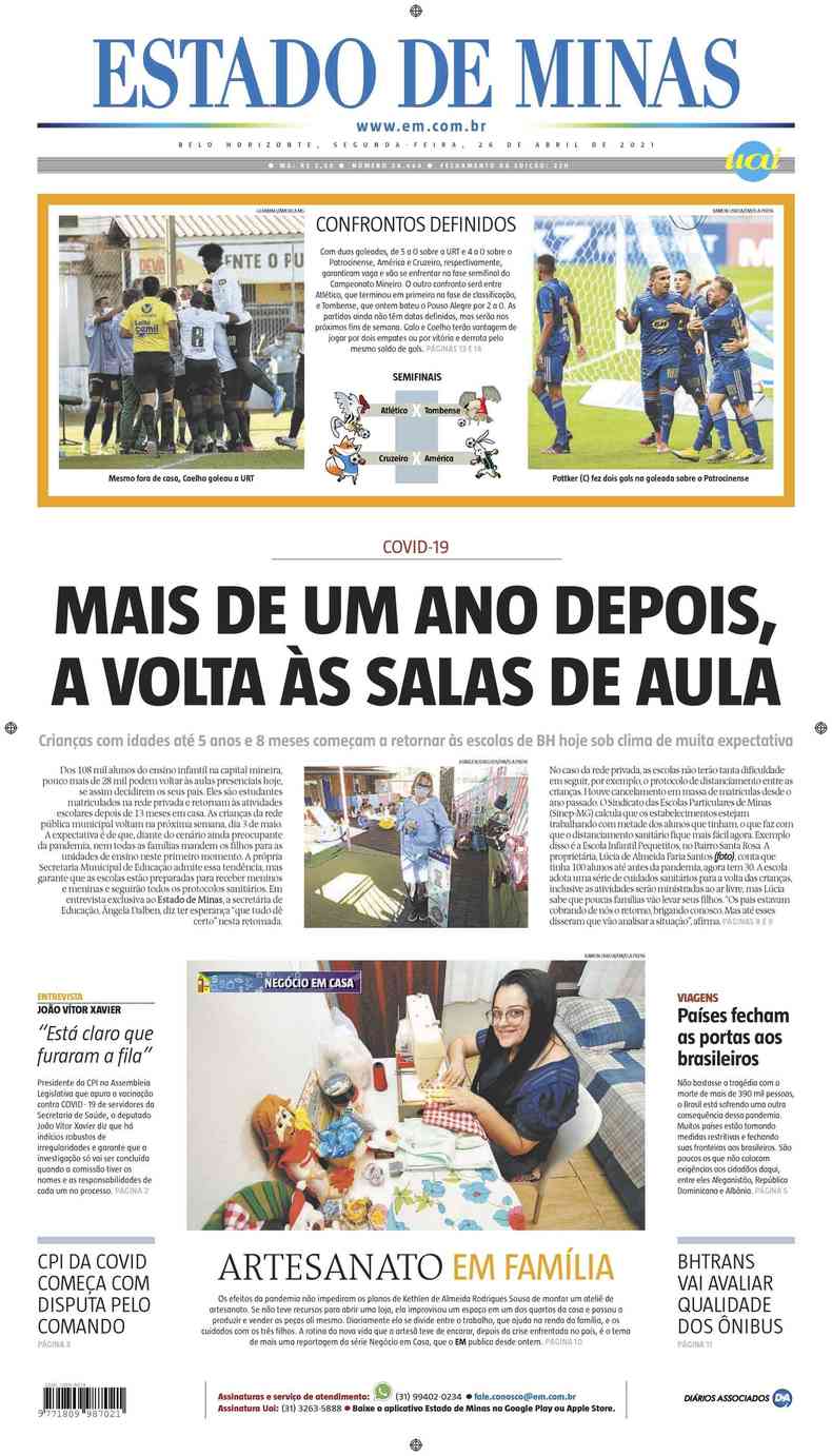 Confira a Capa do Jornal Estado de Minas do dia 26/04/2021(foto: Estado de Minas)