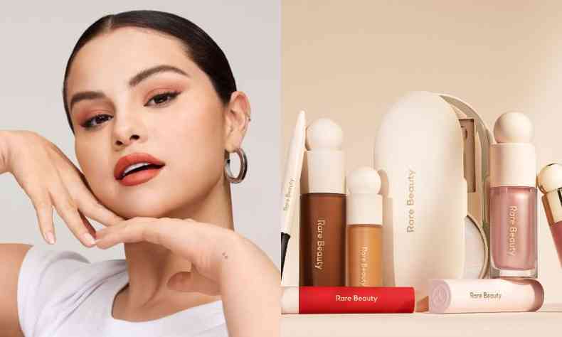 Montagem com duas imagens: a primeira é Selena Gomez, uma mulher branca de cabelos e olhos escuros. Ela posa com ambas as mãos abaixo de seu queixo e usa seus produtos de maquiagem. A segunda são os produtos da marca Rare Beauty, dispostos em linha.