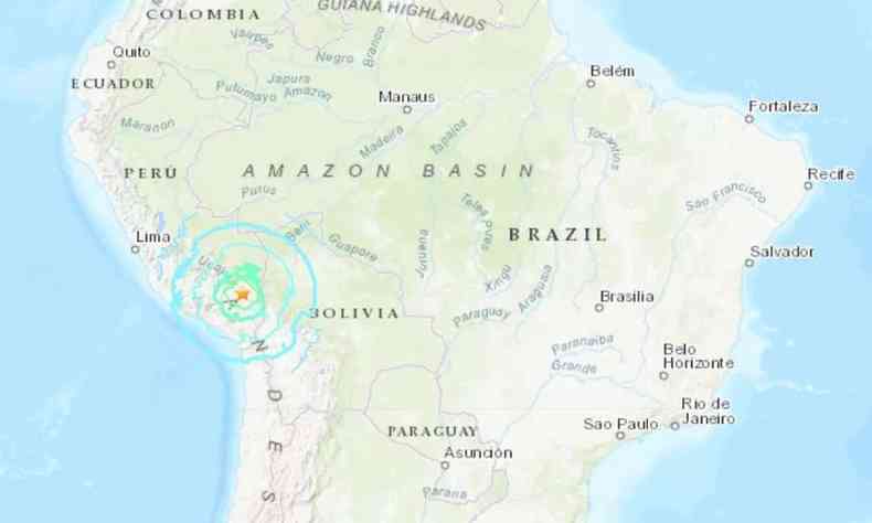 Mapa da América do Sul, com foco no local do terremoto, indicado por uma estrelinha amarela. 