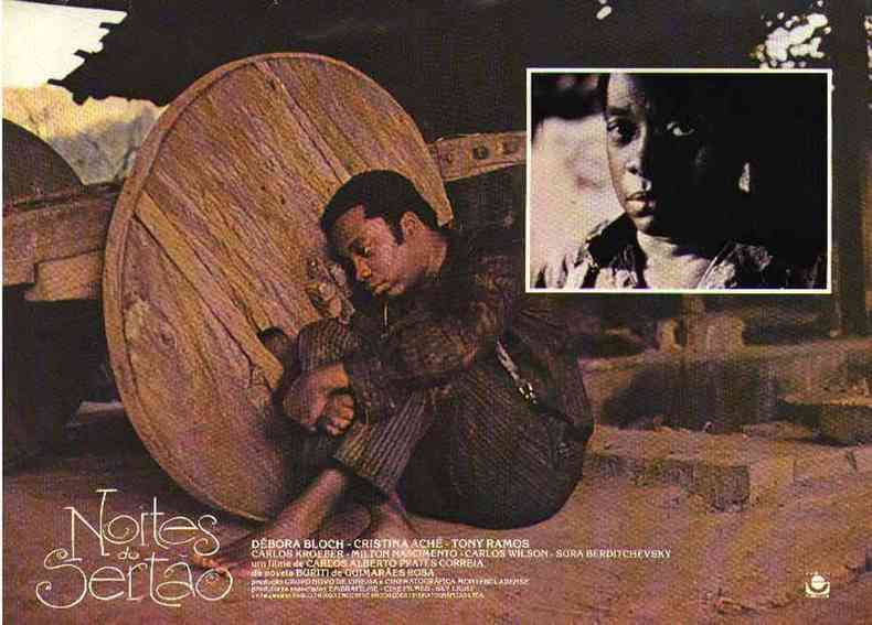 Cartaz de ''Noites do serto'' mostra Milton Nascimento sentado no cho, cabisbaixo, apoiado na roda de uma carroa