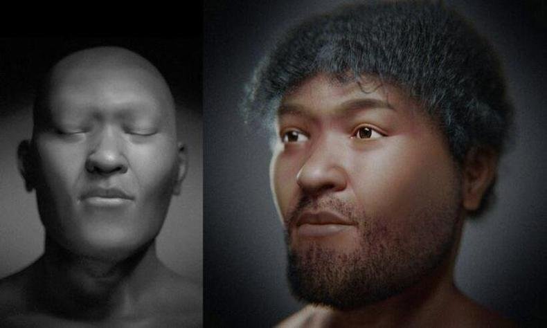 Imagens computadorizadas do rosto do eg�pcio, mostrando detalhes f�sicos como barba, cor de pele, cabelo, cor dos olhos