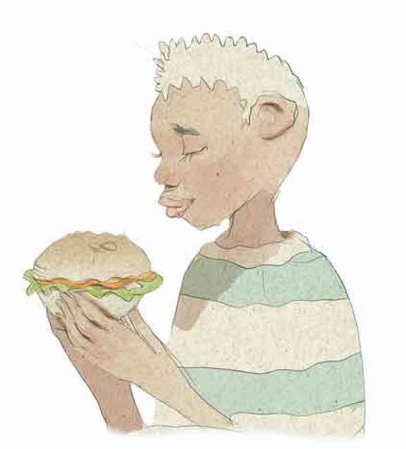 desenho de um menino com um sanduche na mo