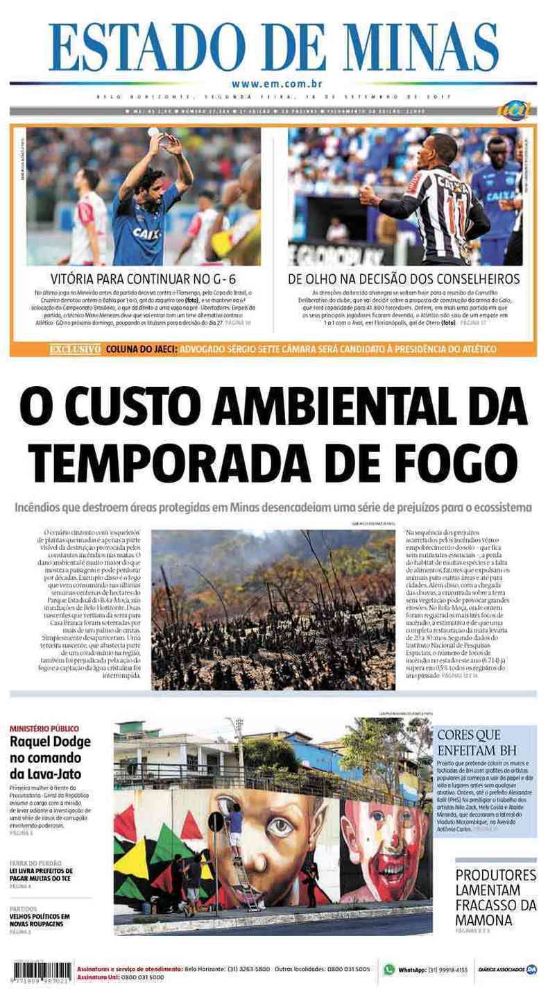 Confira a Capa do Jornal Estado de Minas do dia 18/09/2017
