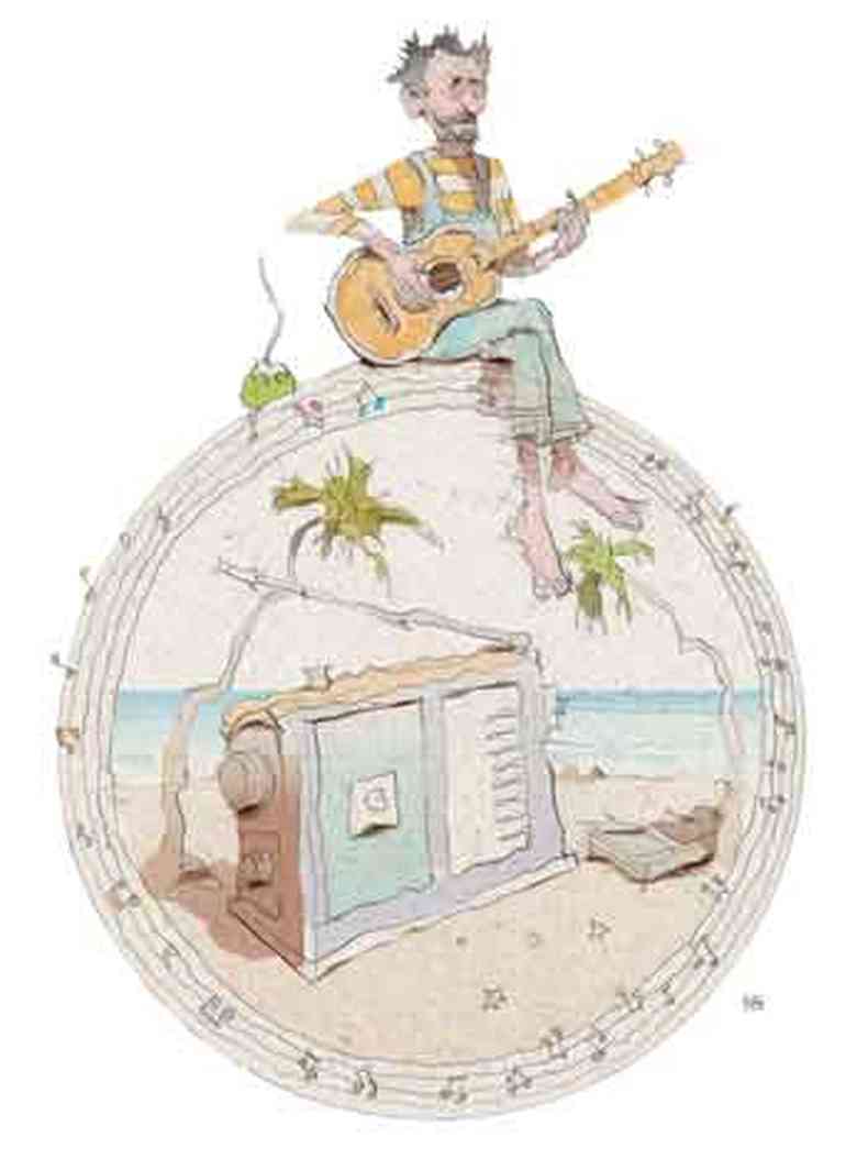ilustração do Lelis mostra Tom Zé tocando violão sentado em moldura redonda e, dentro dela, vê-se o desenho de um rádio sobre a areia da praia
