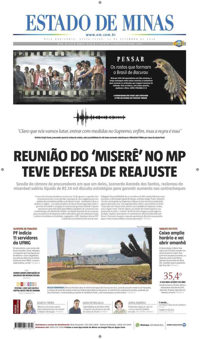 Confira a Capa do Jornal Estado de Minas do dia 13/09/2019(foto: Estado de Minas)