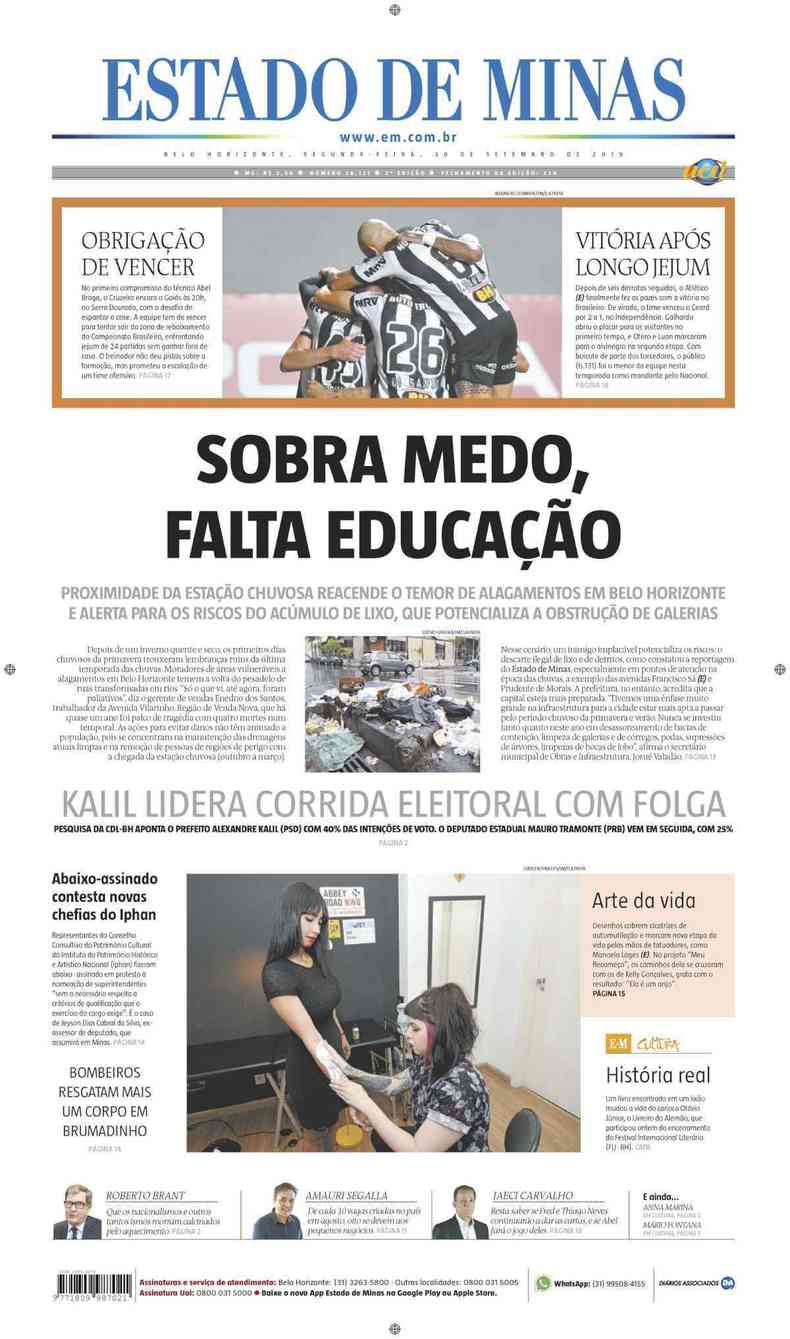 Confira a Capa do Jornal Estado de Minas do dia 30/09/2019(foto: Estado de Minas)