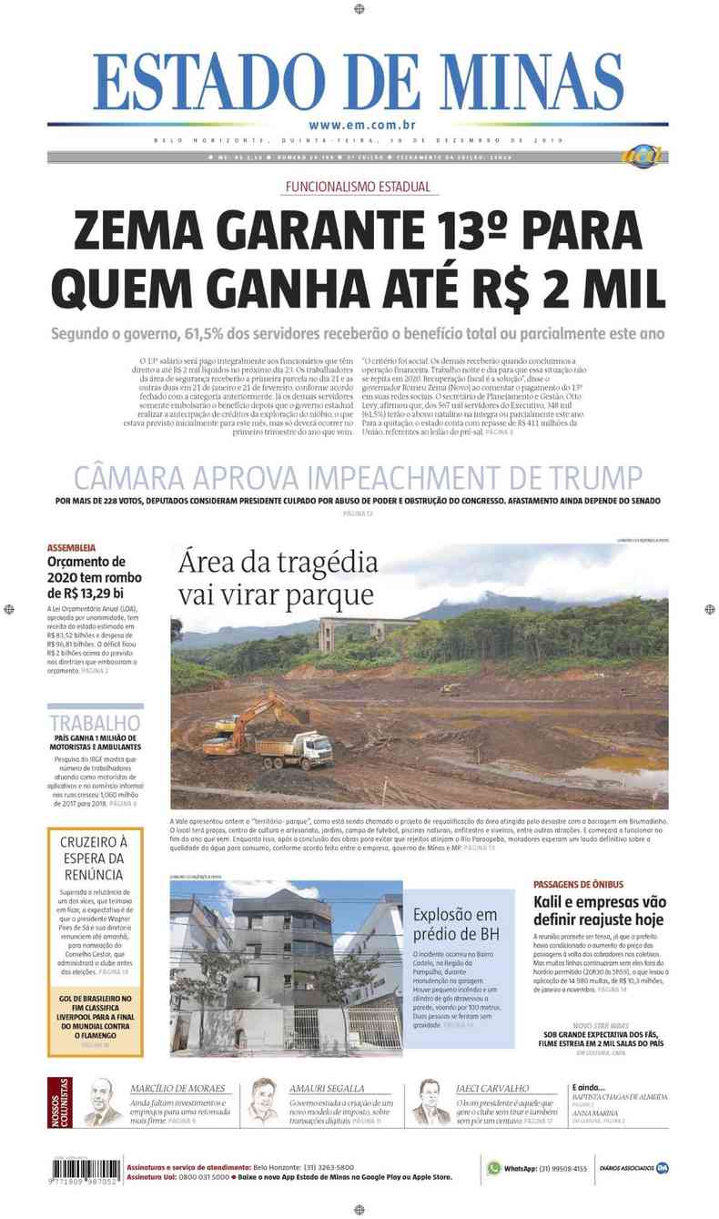 Confira a Capa do Jornal Estado de Minas do dia 19/12/2019(foto: Estado de Minas)