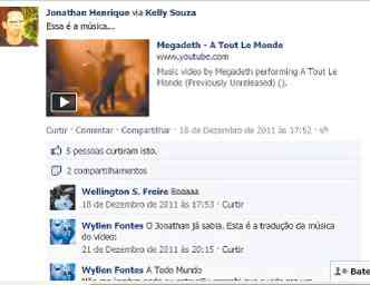Post de Jonathan Henrique antes de morrer, destacando a msica A tout le monde, do Megadeth, cuja letra  praticamente uma despedida dos amigos(foto: Facebook/Reproduo )
