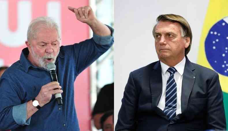 Montagem de fotos mostra o ex-presidente Lula discursando ao microfone  esquerda;  direita, Bolsonaro com o rosto srio, ao lado de uma bandeira do Brasil
