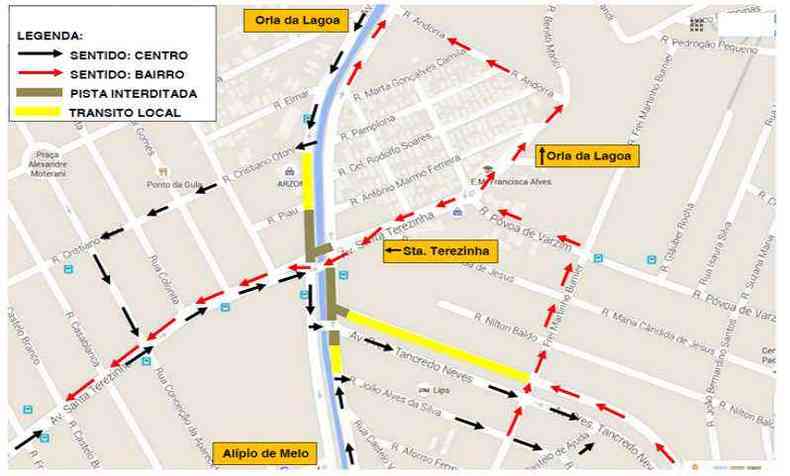 Mapas mostra desvios que foram implantados no local das obras(foto: BHTrans/Divulgao)