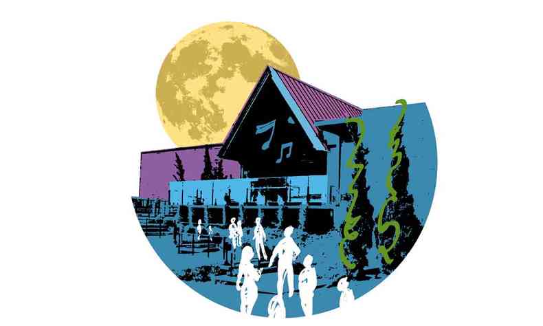 Ilustrao mostra a casa noturna Chalezinho, com a lua atrs do telhado e pessoas no jardim