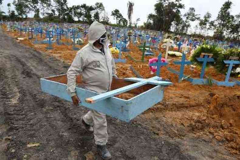 Ulisses Xavier, 52, trabalha 12 horas por dia no cemitrio Nossa Senhora em Manaus e tem complementado sua renda fazendo cruzes de madeira para tmulos durante a pandemia(foto: Michael Dantas/AFP)