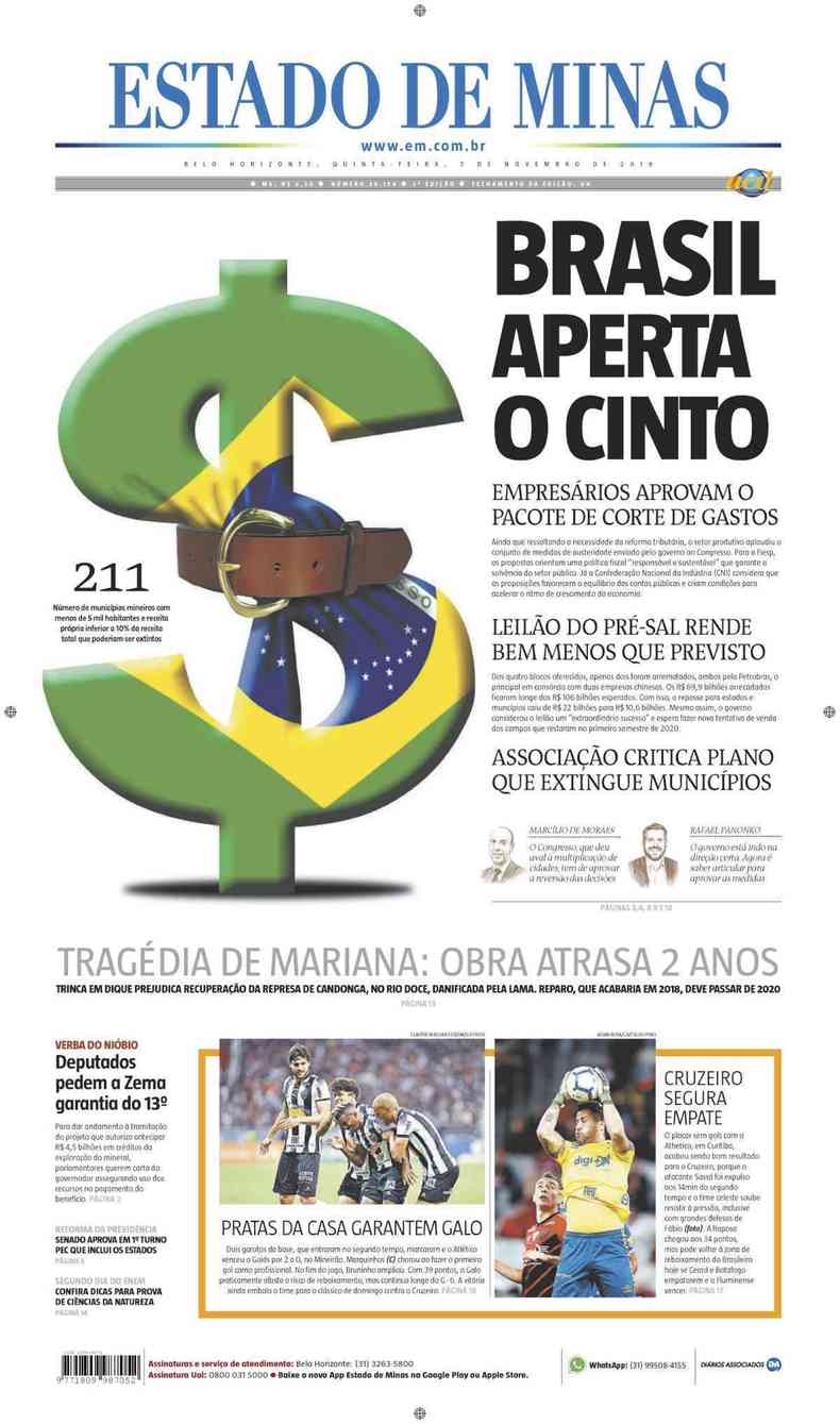 Confira a Capa do Jornal Estado de Minas do dia 07/11/2019(foto: Estado de Minas)