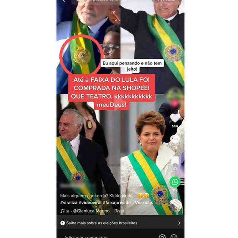 Postagem divulga teoria falsa de que faixa usada pelo presidente na cerimnia foi fraudada