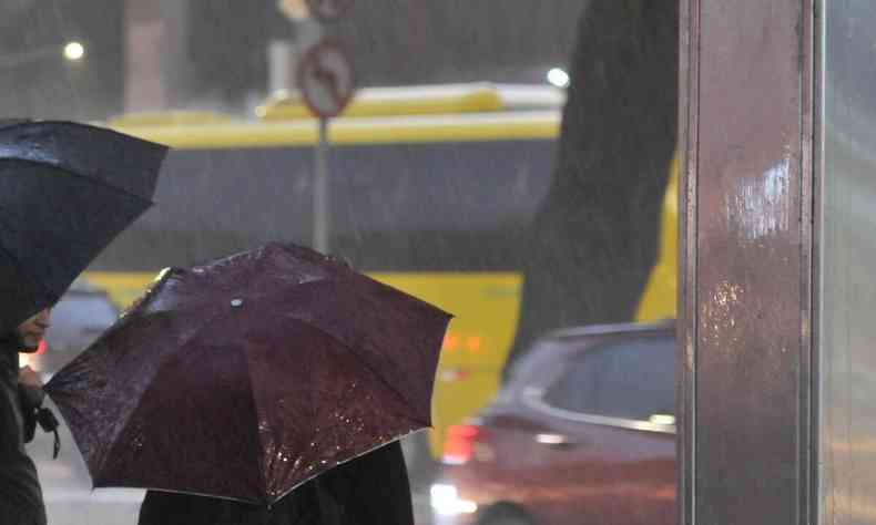 Imagem de duas pessoas com guarda-chuvas nas ruas de BH