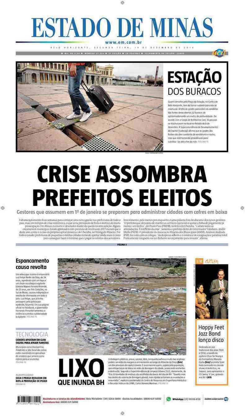 Confira a Capa do Jornal Estado de Minas do dia 19/12/2016