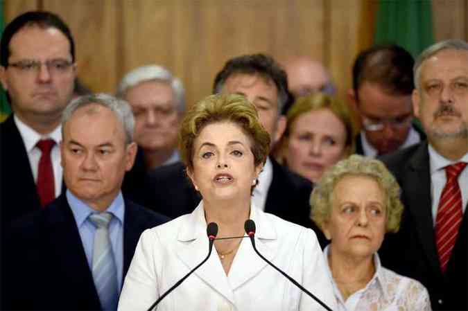 Presidente Dilma Rousseff durante pronunciamento no Palcio do Planalto, aps se notificado pelo Senado sobre seu afastamento do cargo(foto: Evaristo S)
