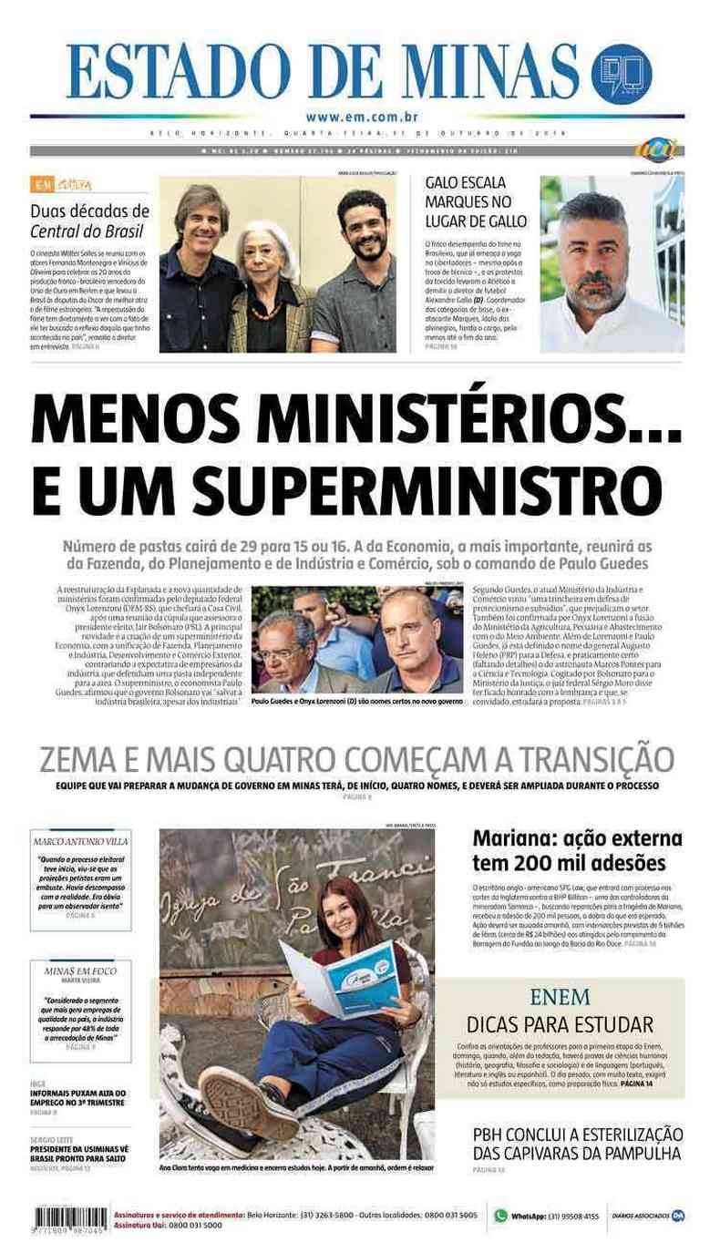 Confira a Capa do Jornal Estado de Minas do dia 31/10/2018(foto: Estado de Minas)