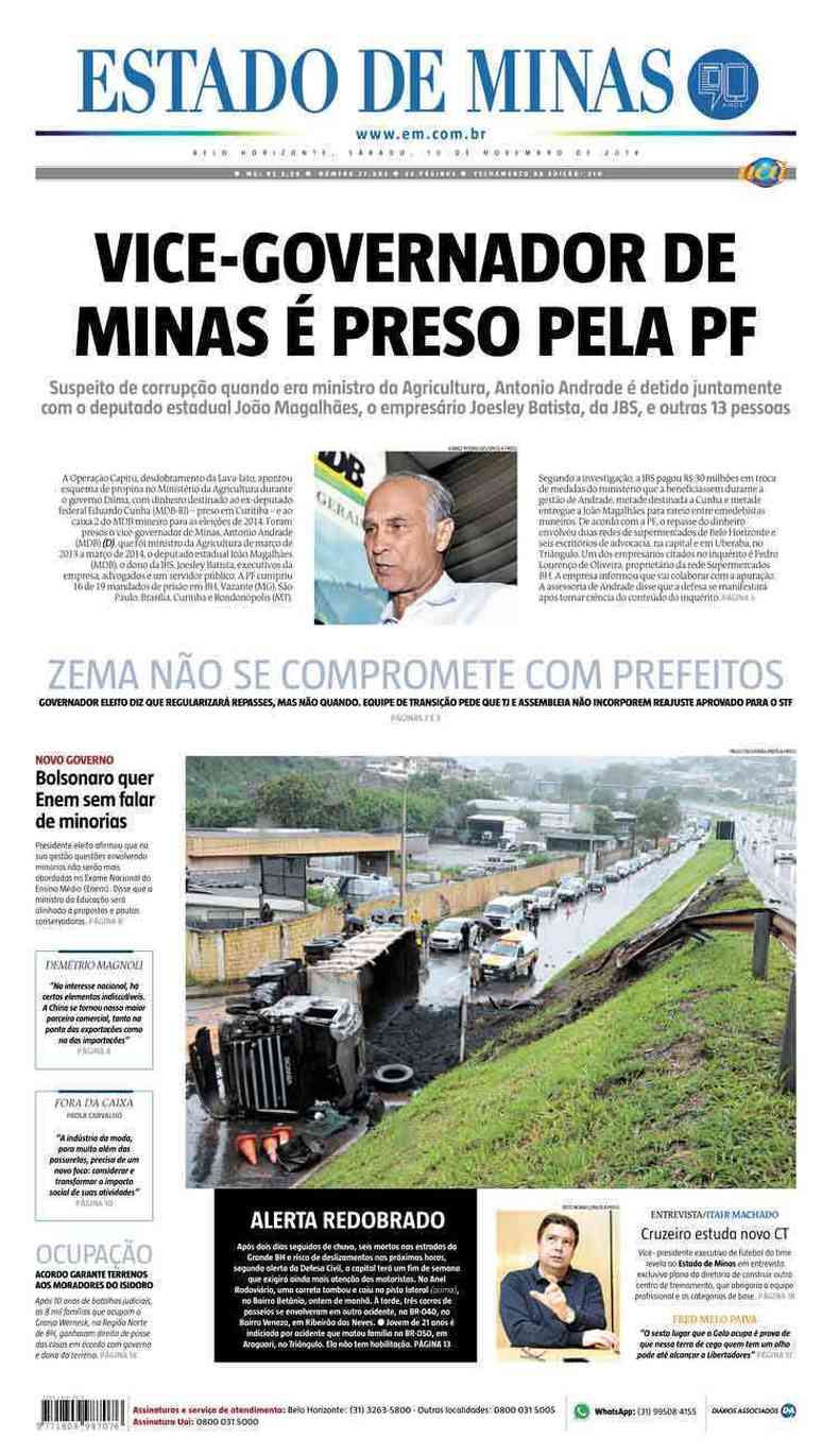 Confira a Capa do Jornal Estado de Minas do dia 10/11/2018(foto: Estado de Minas)