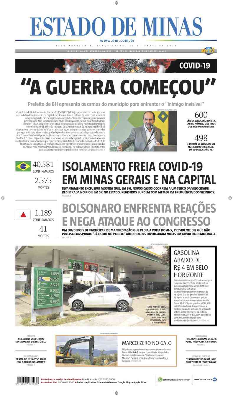 Confira a Capa do Jornal Estado de Minas do dia 21/04/2020(foto: Estado de Minas)