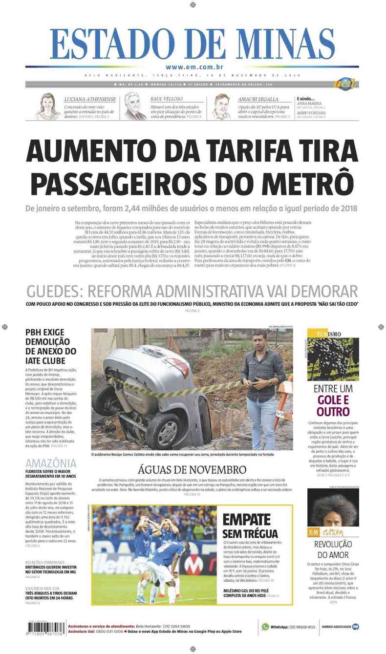 Confira a Capa do Jornal Estado de Minas do dia 19/11/2019(foto: Estado de Minas)