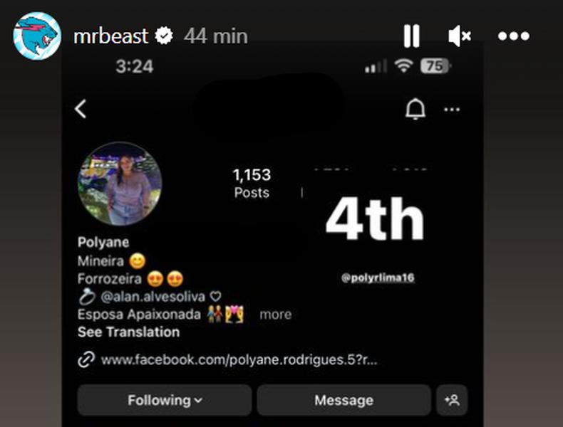 O desafio em que a mineira foi escolhida teve mais de 20 milhões de comentários(foto: Reprodução/Instagram) Print do perfil do instagram de Polyane, postado por MrBeast