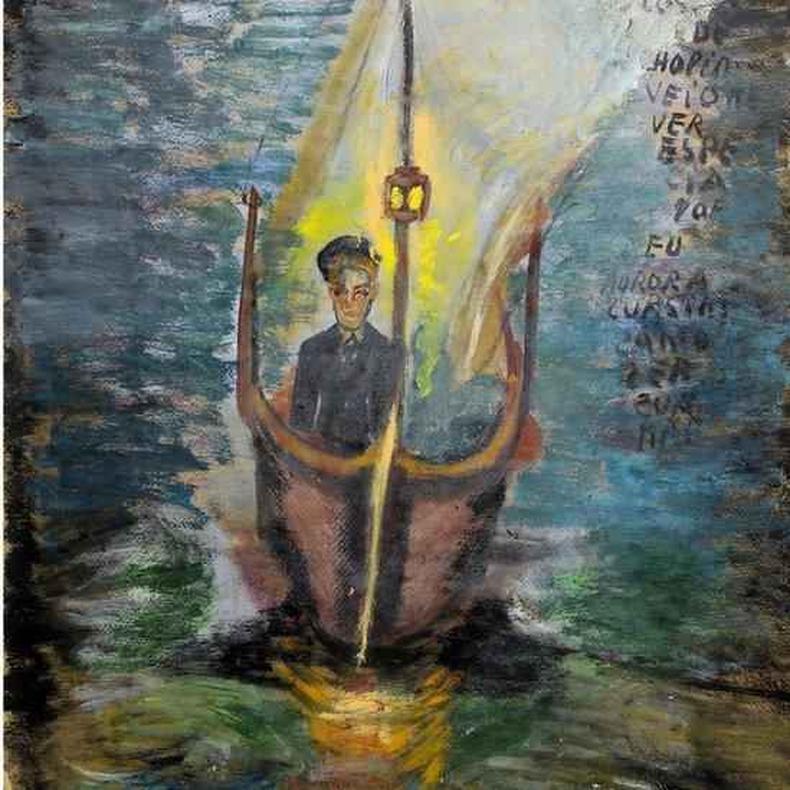Pintura a leo mostra mulher dentro de um pequeno barco iluminado por um lampio