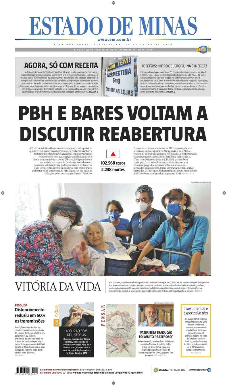 Confira a Capa do Jornal Estado de Minas do dia 24/07/2020(foto: Estado de Minas)