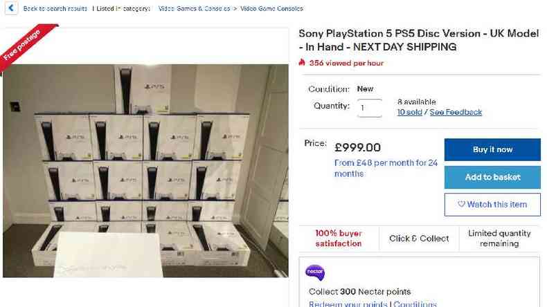 O modelo PlayStation 5 que custava inicialmente 499 libras era vendido por 999 libras, mais de R$ 7 mil(foto: BBC)