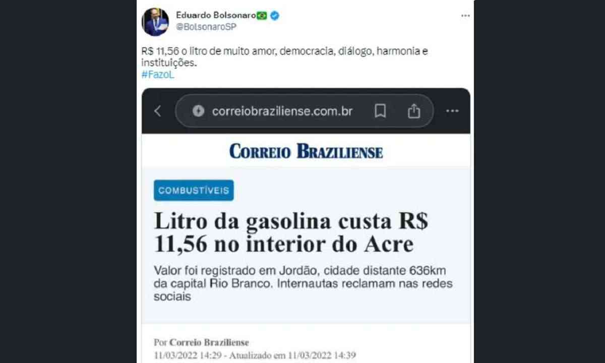 Eduardo critica gasolina a R$ 11,56 com texto da gestão Bolsonaro