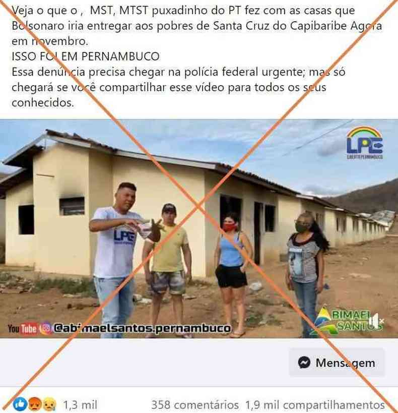 Print de publicao falsa sobre destruio de casas em Pernambuco por partidos e movimentos de esquerda