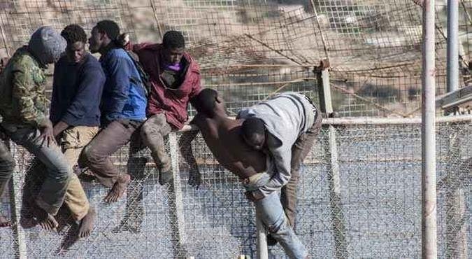 Imigrantes pulam cerca em quantidades que passam de 500 de uma vez, para dificultar que guardas impeçam ação(foto: BLASCO DE AVELLANEDA/AFP) Imigrantes pulam cerca em quantidades que passam de 500 de uma vez, para dificultar que guardas impeçam ação(foto: BLASCO DE AVELLANEDA/AFP)