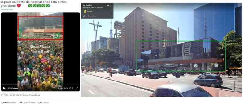 Comparao feita em 19 de julho de 2021 entre o vdeo viralizado (E) e uma captura do Street View do Google mostrando o mesmo edifcio na Av. Paulista