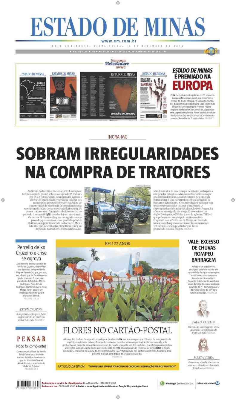 Confira a Capa do Jornal Estado de Minas do dia 13/12/2019(foto: Estado de Minas)