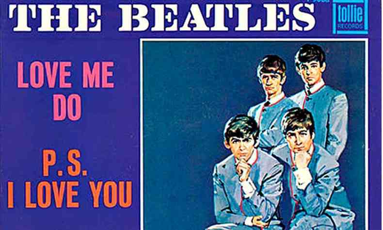 Ilustrao mostra os quatro Beatles na capa do compacto que traz a faixa Love me do