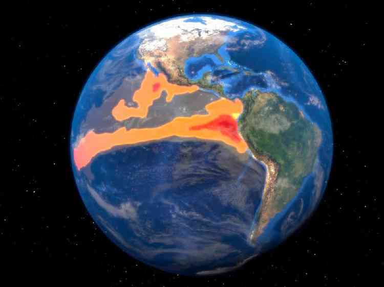Representao grfica do fenmeno El Nio, que aquece as guas do Oceano Pacfico na faixa equatorial prxima  costa do Peru e Equador