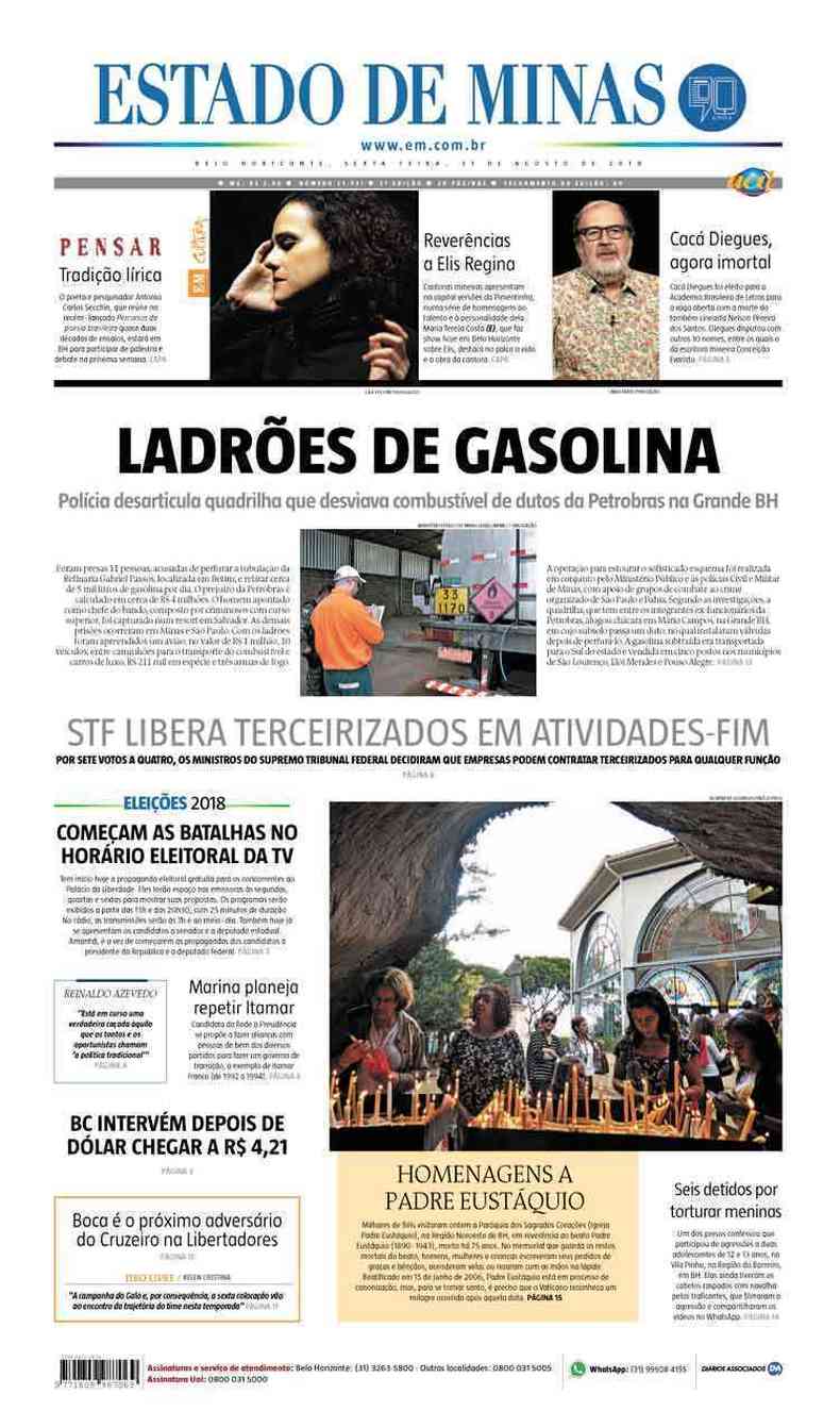Confira a Capa do Jornal Estado de Minas do dia 31/08/2018(foto: Estado de Minas)