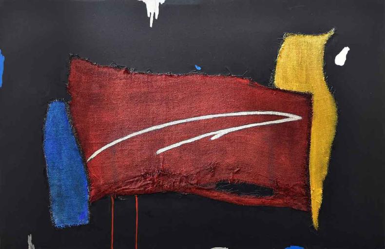 Imagem abstrata nas cores azul, amarelo, vermelho e branco, em fundo preto 