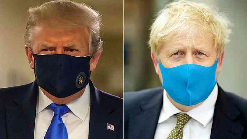 Donald Trump e Boris Johnson passaram a usar mscaras em pblico recentemente(foto: Reuters/Andrew Parsons Media)