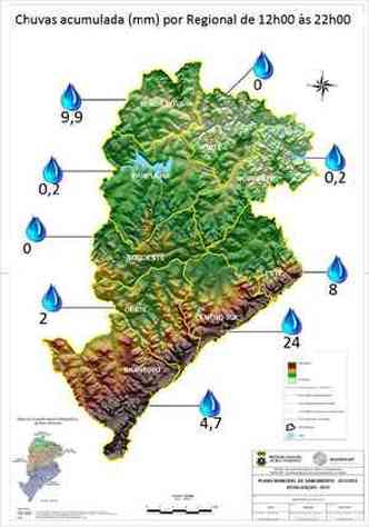 Mapa mostra o volume de chuva de sexta-feira em BH. Clique para ampliar(foto: Defesa Civil de BH/Divulgao)